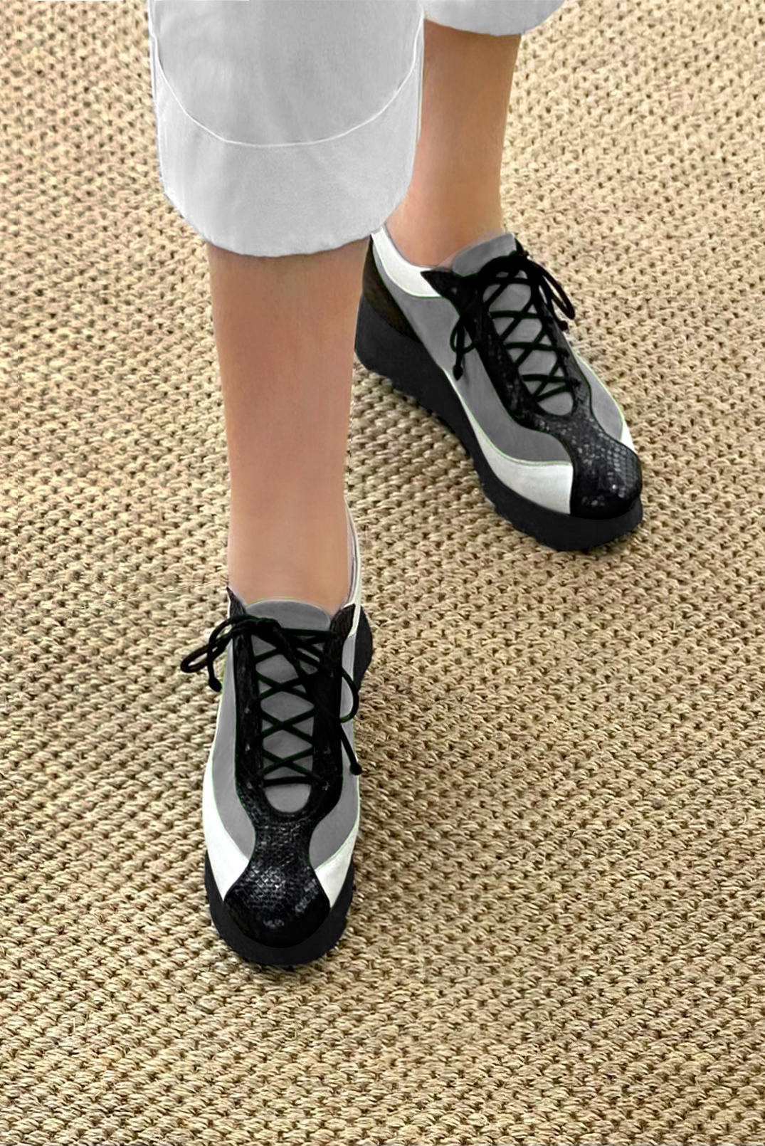 Satin black, dove grey and off white women's elegant sneakers. Round toe. Low rubber soles. Worn view - Florence KOOIJMAN